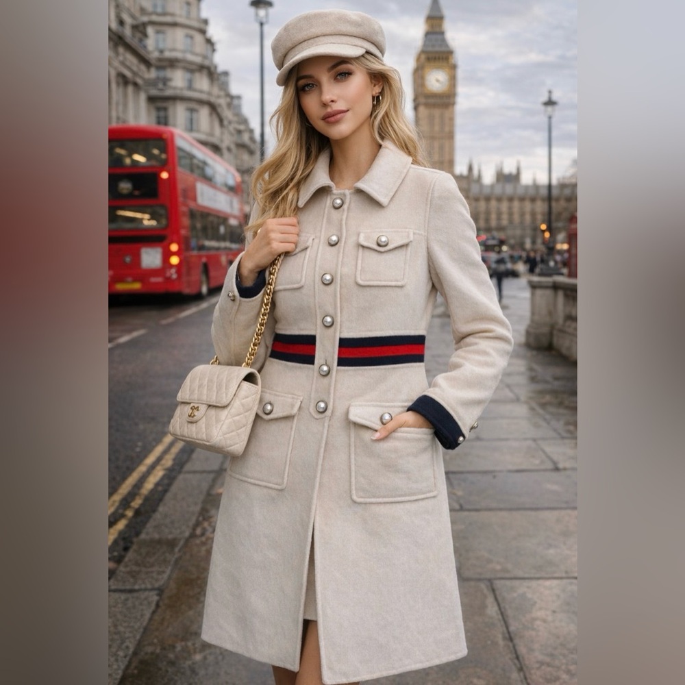 Product Seeker Cream Wool Coat with Navy and Red Accents Peacoat luxury New $198